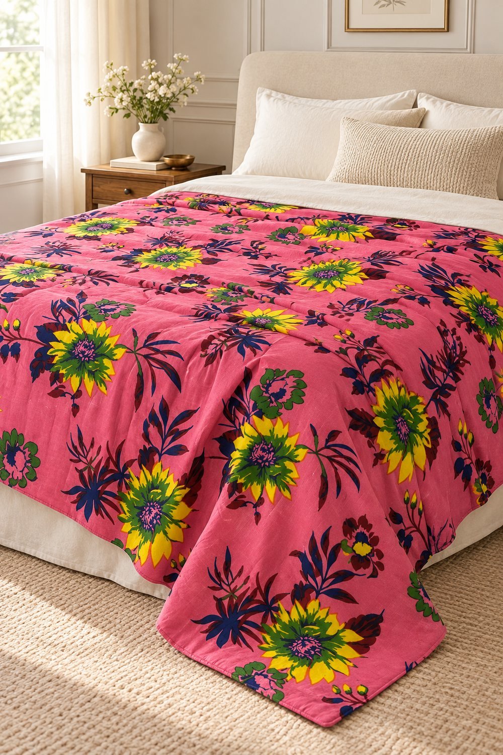 HC-DHR-017-OPEN Fuchsia Flower Garden Reversible Cotton Dohar - Image 1