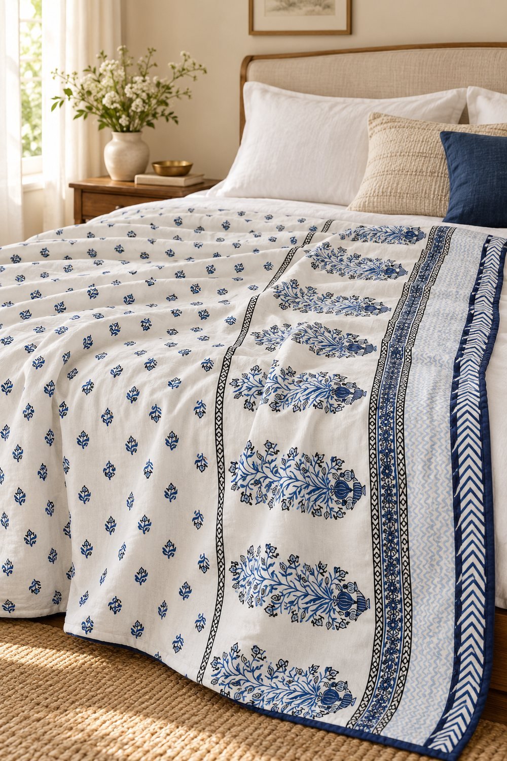 HC-DHR-021-OPEN Indigo Botanical Stripe Reversible Cotton Dohar - Image 1