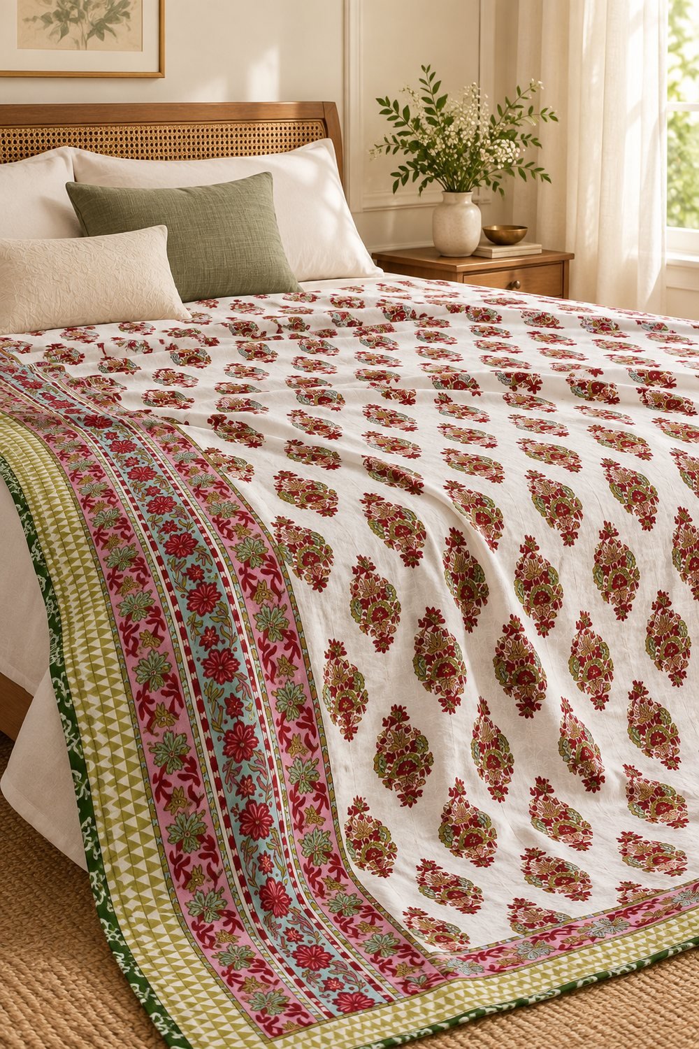 HC-DHR-024-OPEN Russet Botanical Sprig Reversible Cotton Dohar - Image 1