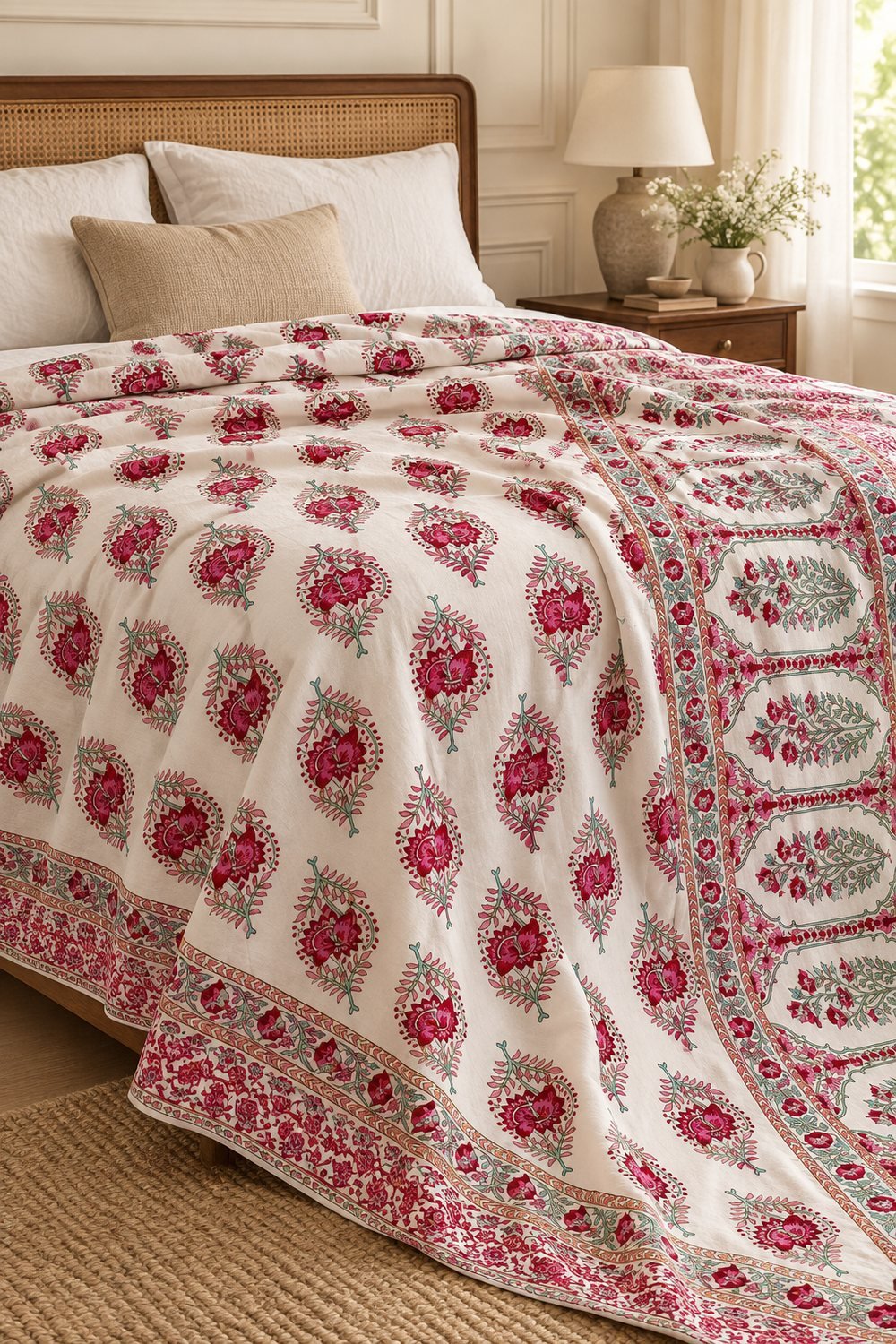 HC-DHR-025-OPEN Rose Paisley Garden Reversible Cotton Dohar - Image 1