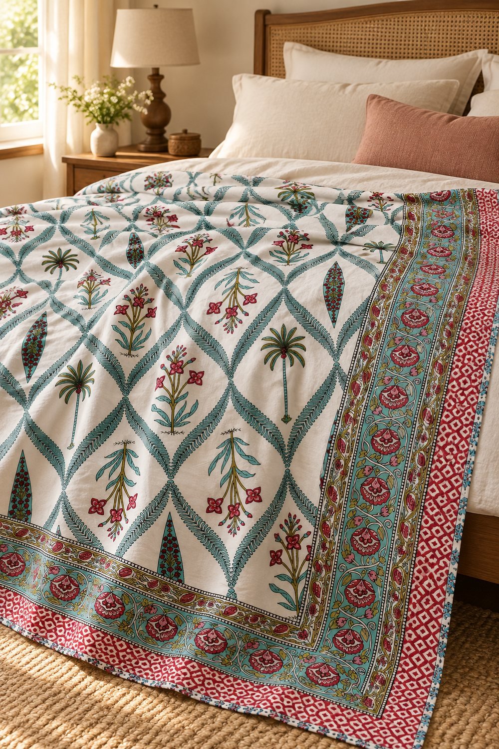 HC-DHR-026-OPEN Teal Botanical Vine Reversible Cotton Dohar - Image 1