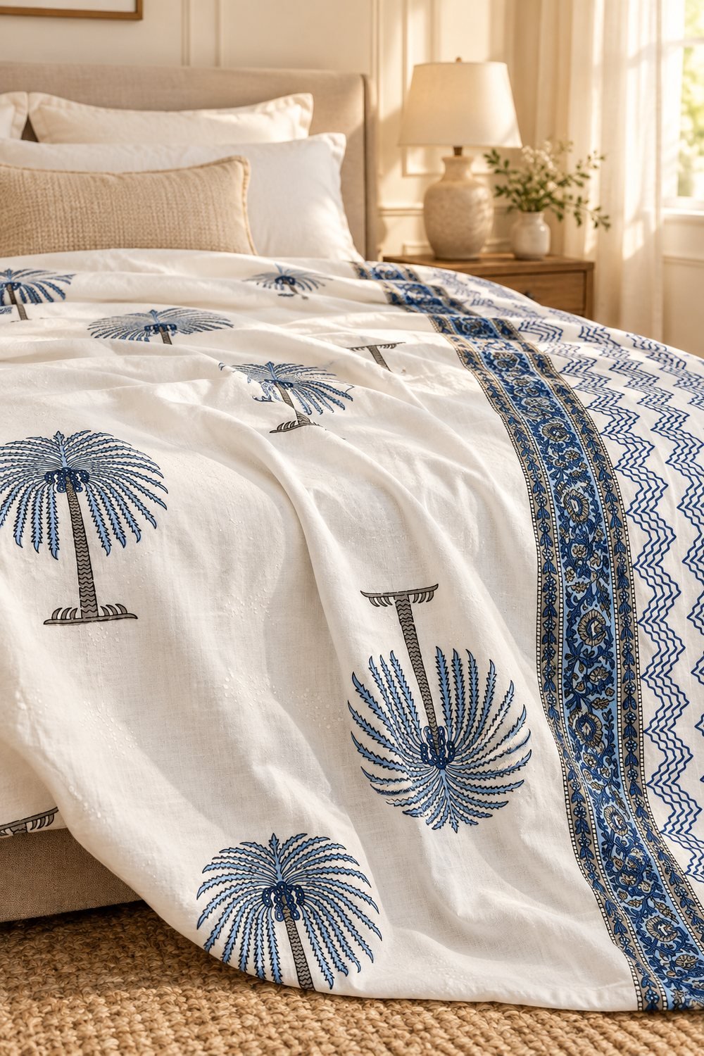 HC-DHR-028-OPEN Indigo Palm Grove Reversible Cotton Dohar - Image 1