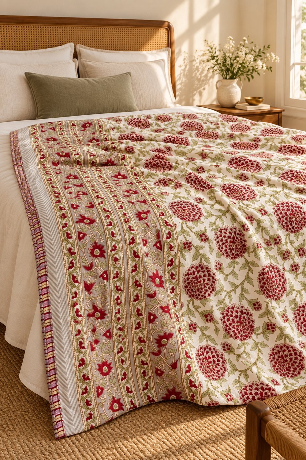 HC-DHR-029-OPEN Crimson Garden Border Reversible Cotton Dohar - Image 1