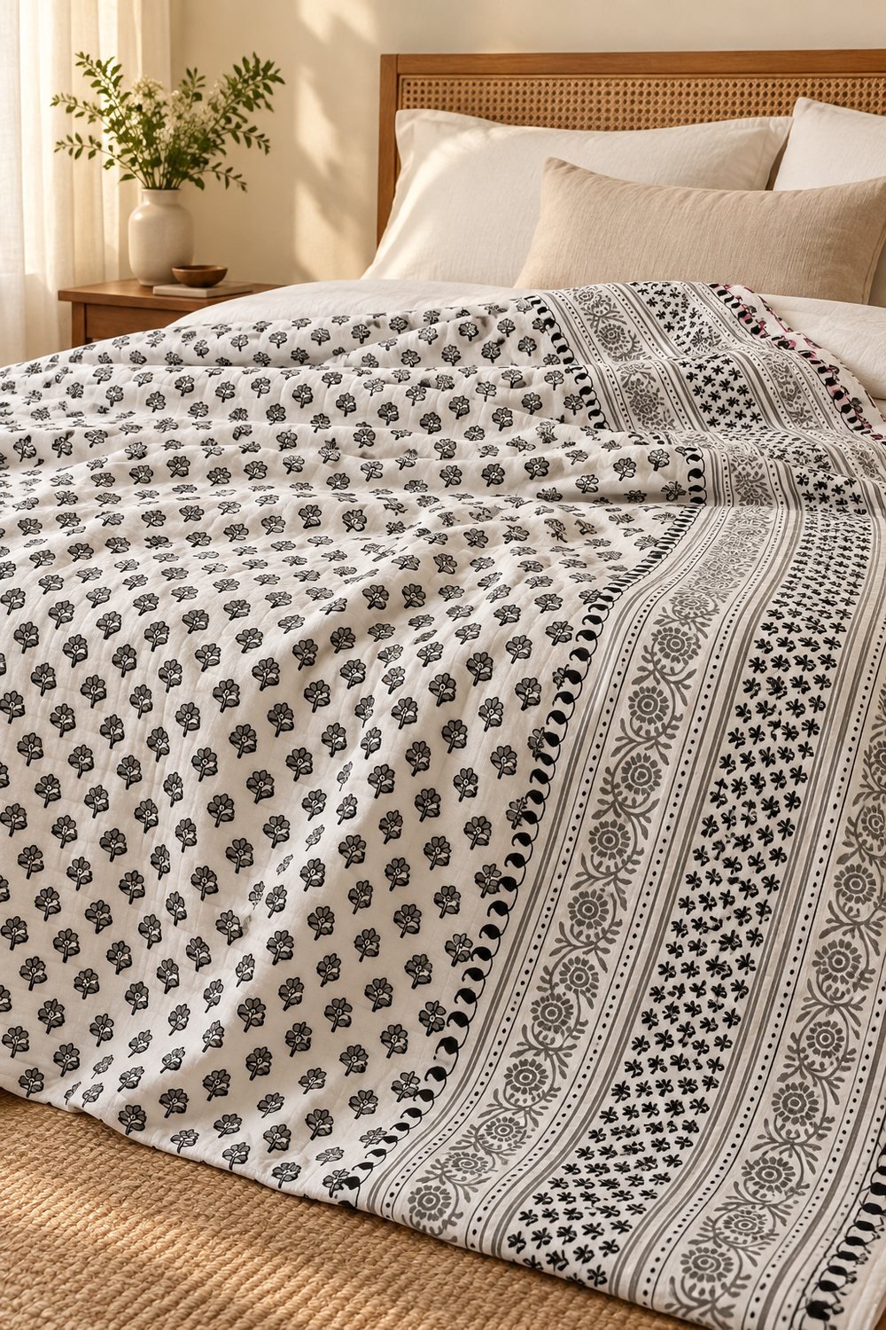 HC-DHR-035-OPEN Monochrome Floral Sprig Reversible Cotton Dohar - Image 1