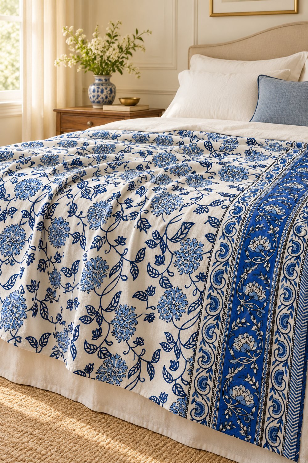HC-DHR-036-OPEN Cobalt Flowering Vine Reversible Cotton Dohar - Image 1