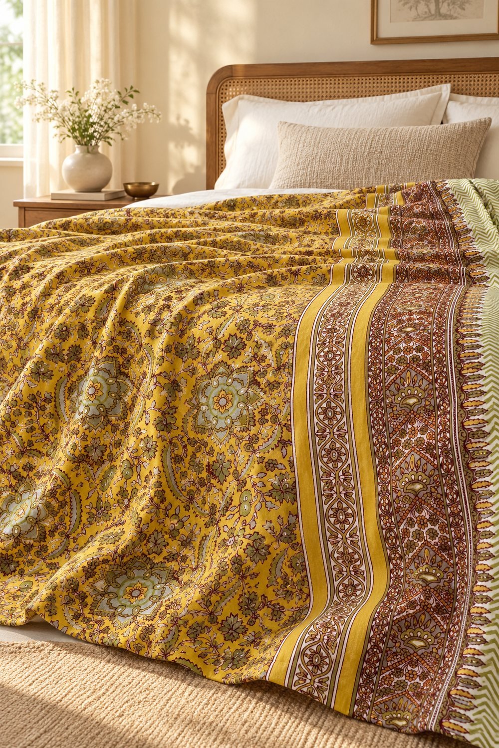 HC-DHR-037-OPEN Saffron Paisley Garden Reversible Cotton Dohar - Image 1