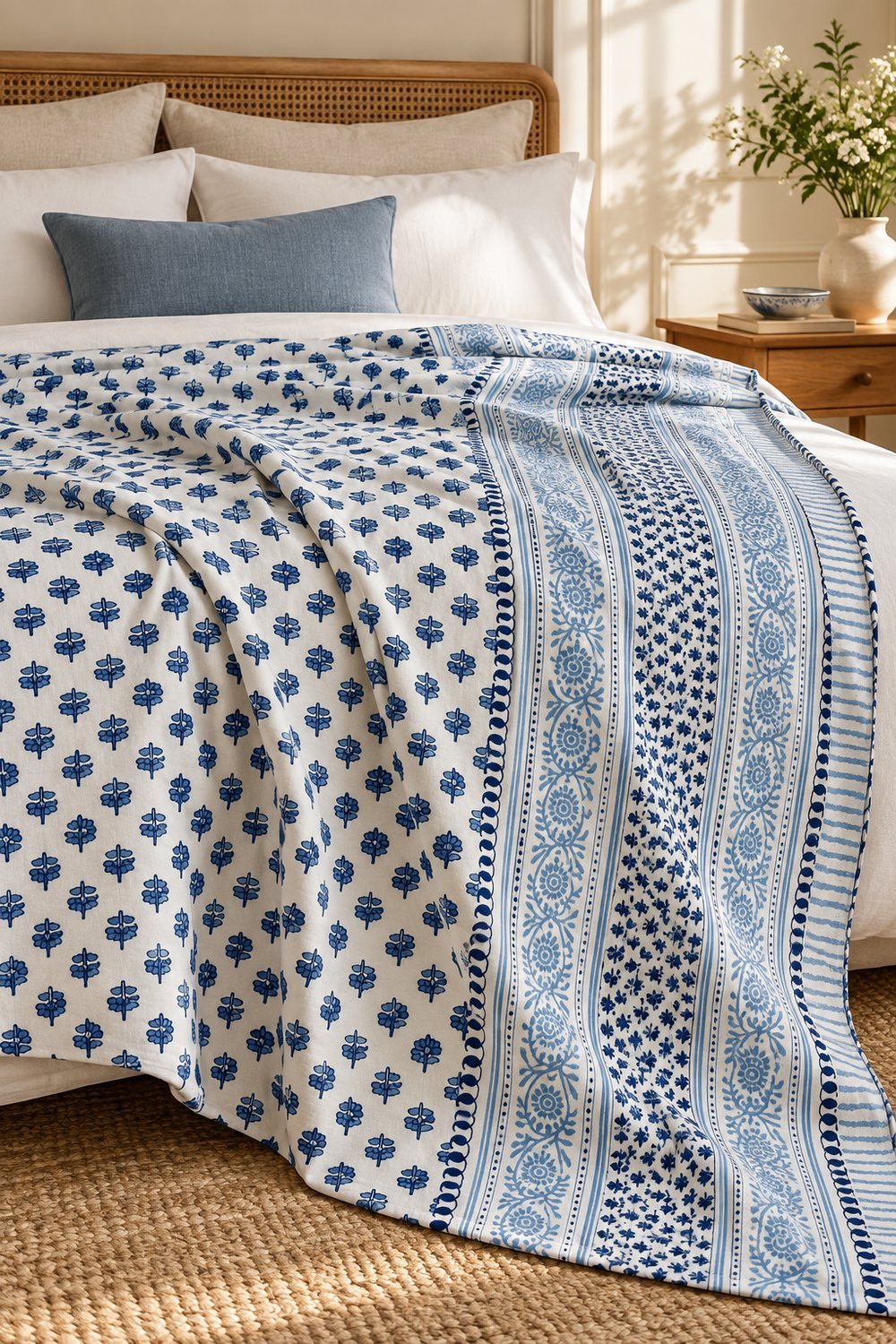 HC-DHR-038-OPEN Cobalt Sprig Border Reversible Cotton Dohar - Image 1