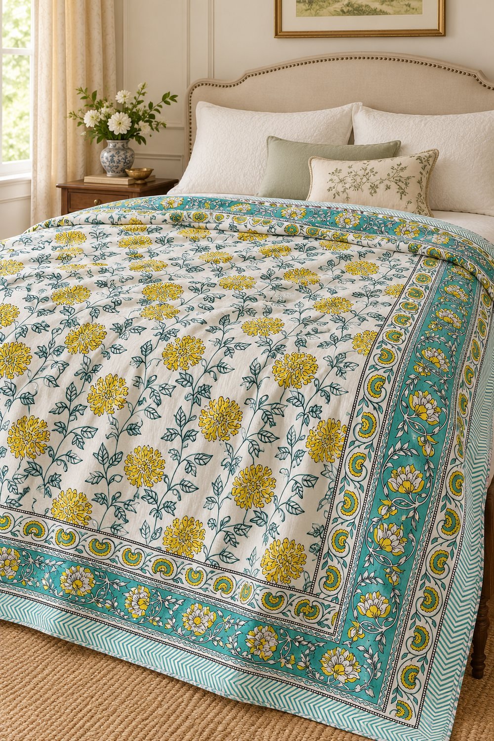 HC-DHR-046-OPEN Turquoise Floral Vine Reversible Cotton Dohar - Image 1