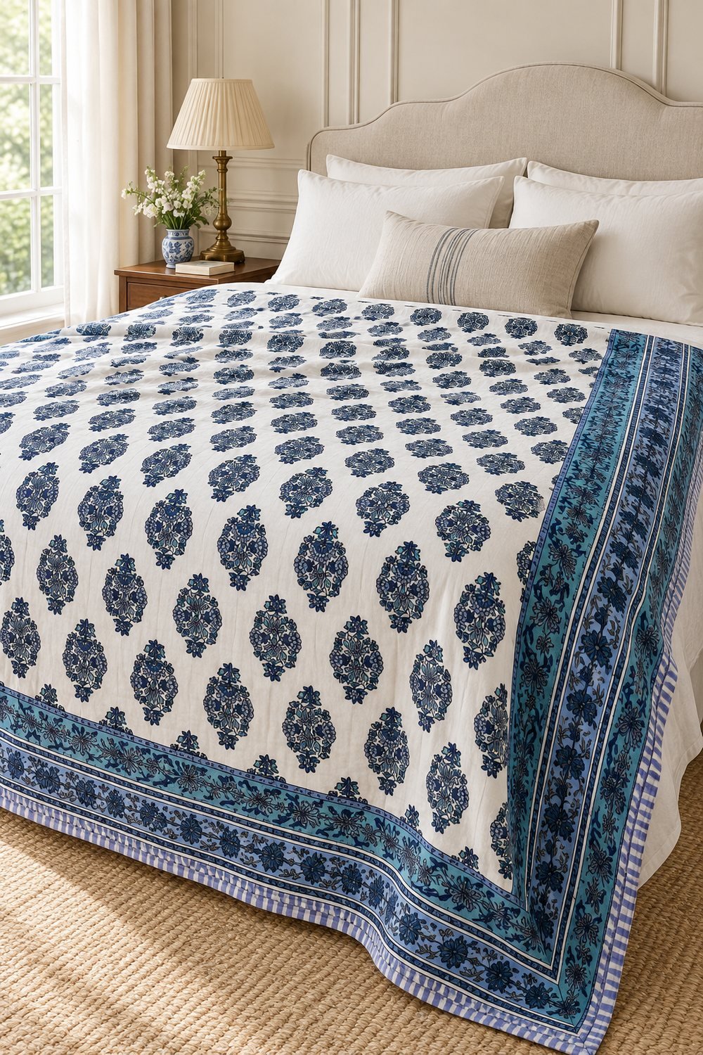 HC-DHR-051-OPEN Indigo Paisley Sprig Reversible Cotton Dohar - Image 1