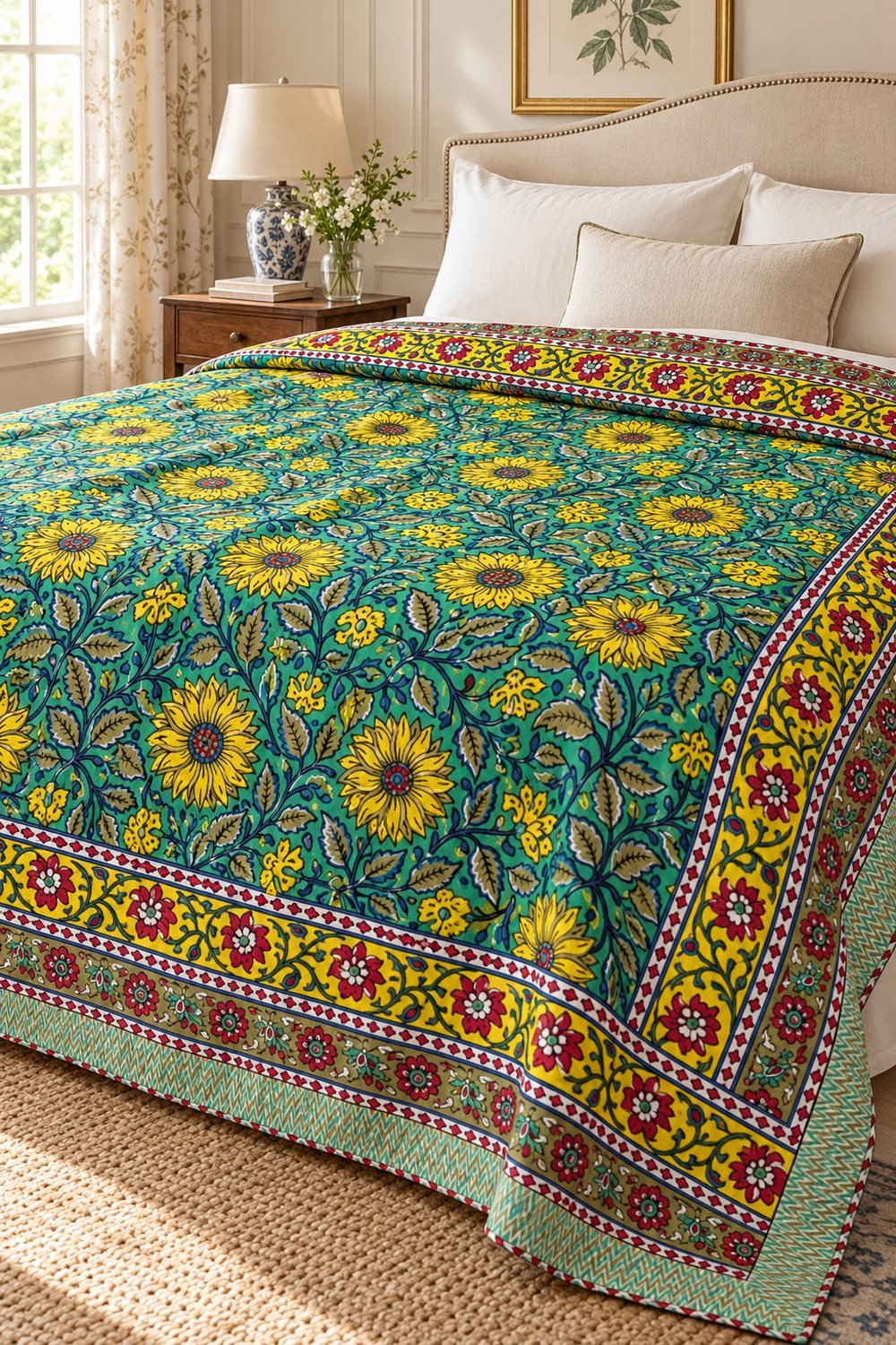 HC-DHR-054-OPEN Turquoise Sunflower Garden Reversible Cotton Dohar - Image 1
