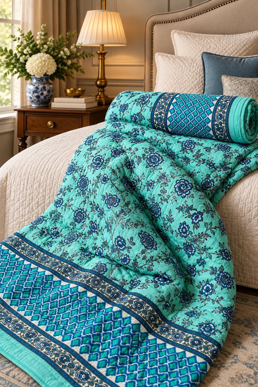 Heritage_Creations_Quilt_03 Turquoise Floral Quilt - Image 1
