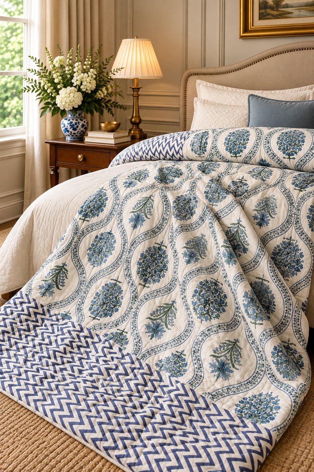 Heritage_Creations_Quilt_07 Blue Floral Trellis Quilt - Image 1