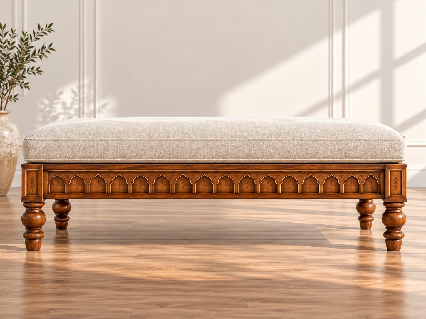 amber-suite-end-of-bed-bench-front-view Amber Suite – Carved End-of-Bed Bench | Solid Teak - Image 1