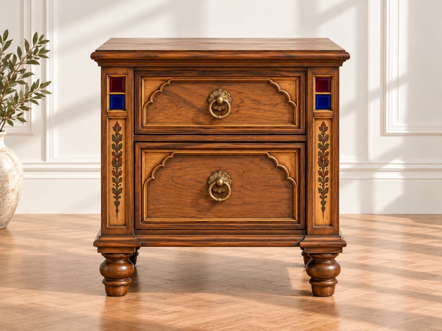 amber-suite-two-drawer-table-front-view Amber Suite – Heritage Bedside Table | Solid Teak - Image 1