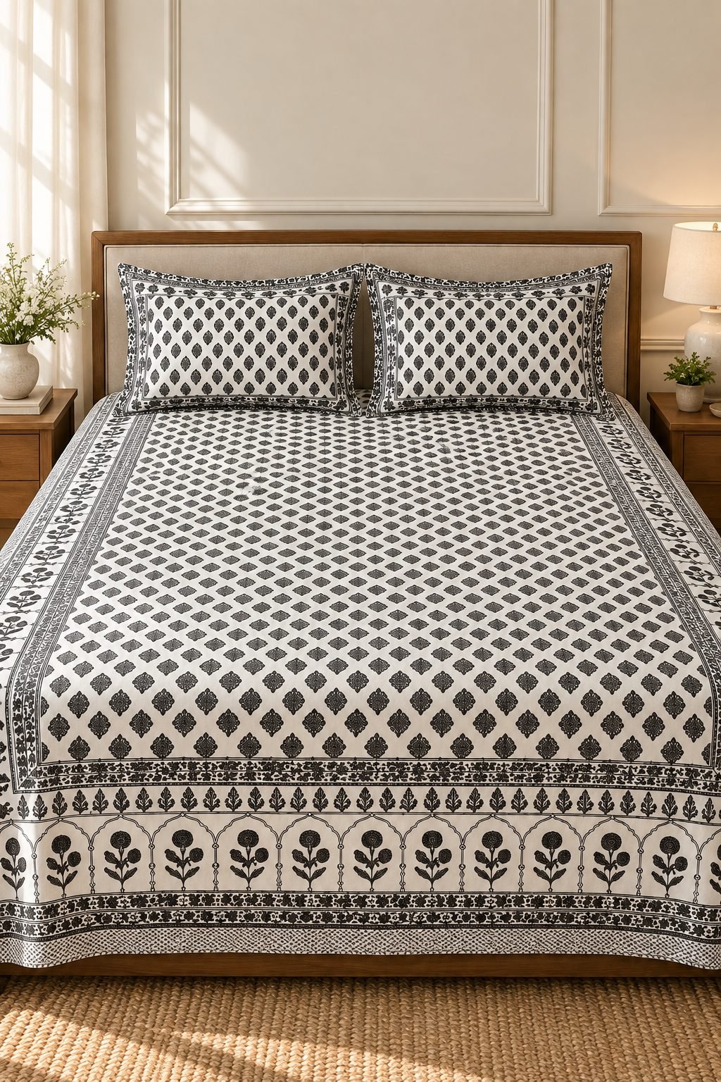 noor_bedsheet_open Noor Monochrome Botanical Cotton Bedsheet Set - Image 1